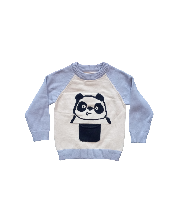 Pulover tricotat, baieti, panda, albastru 18-24 luni