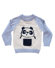 Pulover tricotat, baieti, panda, albastru 18-24 luni