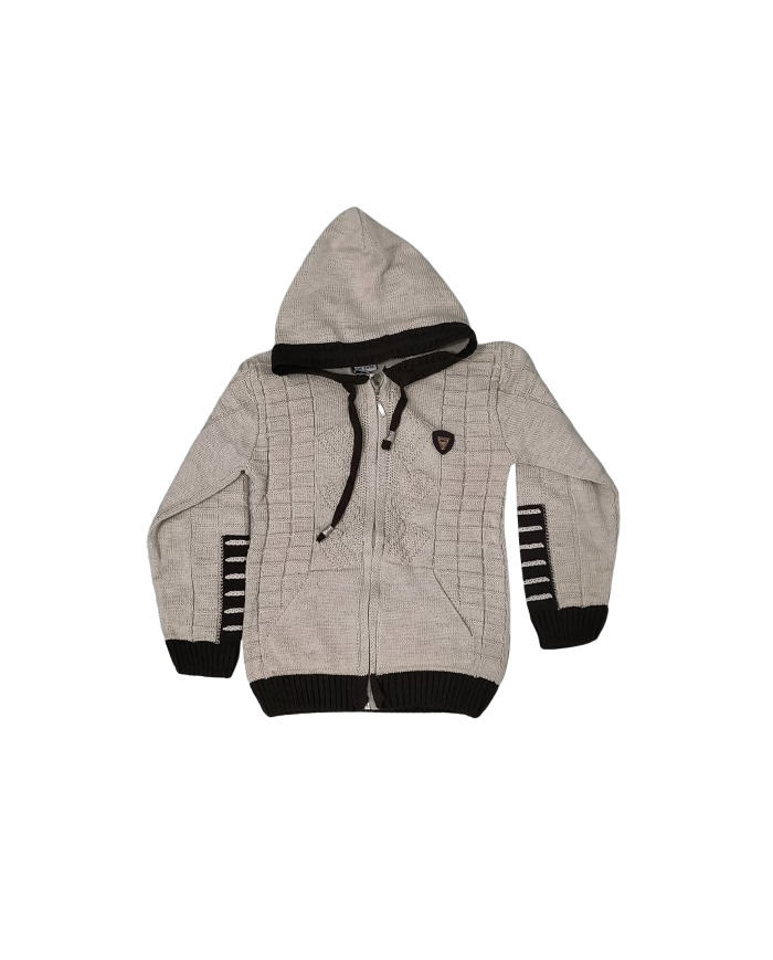 Pulover baieti cu fermoar si gluga bej, 9-14 ani