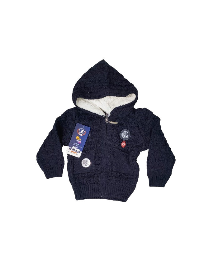 Pulover baieti gros cu fermoar și gluga vatuita, bleumarin, 1-3 ani