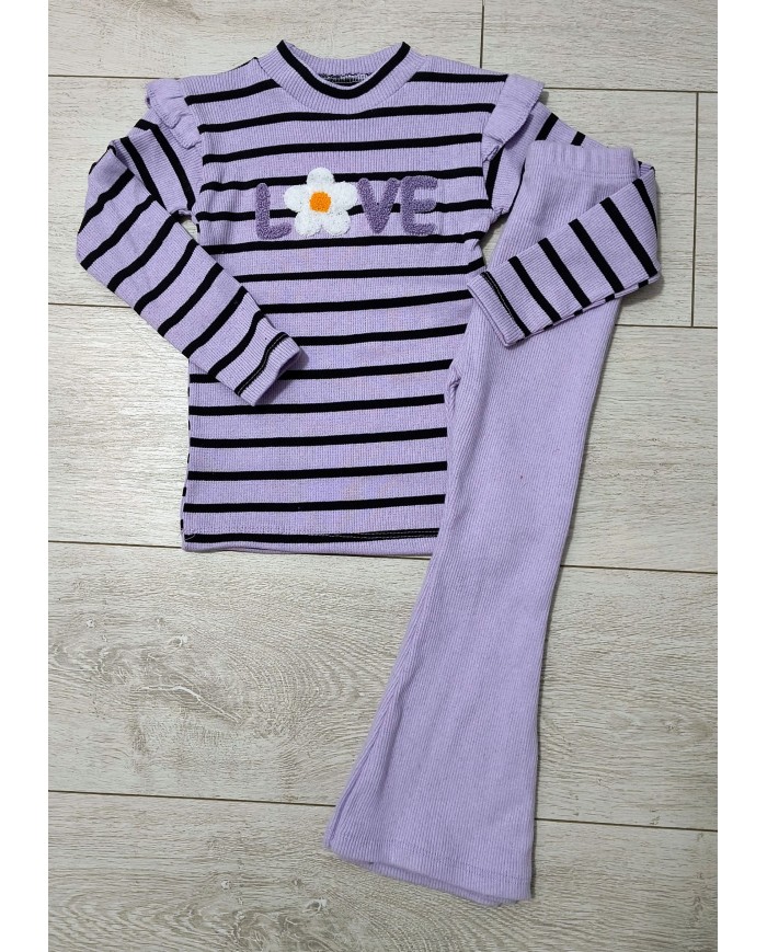 Compleu fete pufos LOVE, pantalon evazat, 3-7 ani, mov
