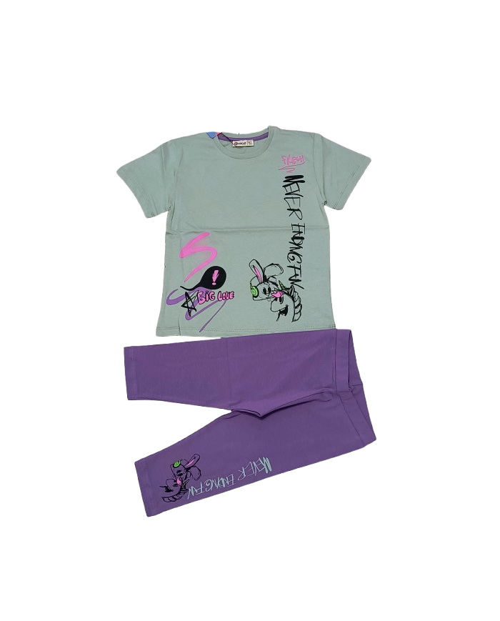 Compleu fete vara BIG LOVE, colant 3/4, verde, 3-10 ani