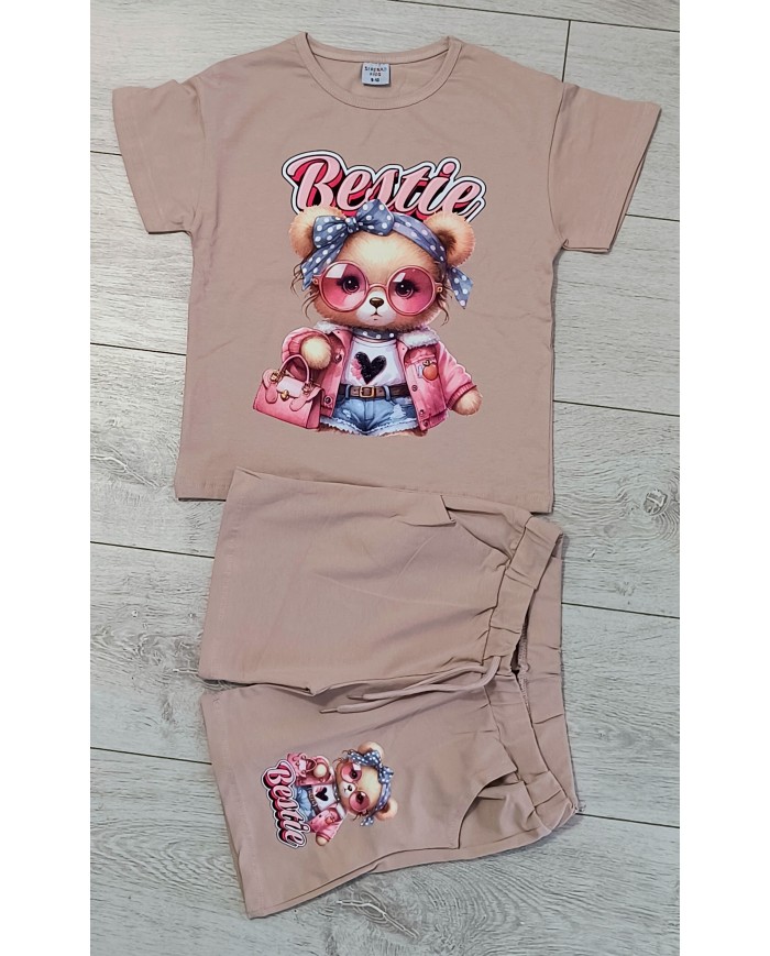 Compleu fete vara, BESTIE, bumbac, 3-10 ani, bej