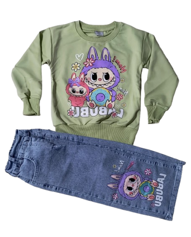 Compleu fete LA BUBU cu blugi evazati, verde, 3-10 ani
