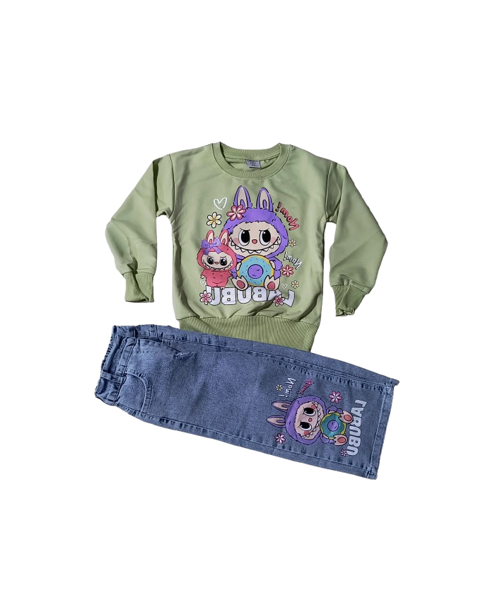 Compleu fete LA BUBU cu blugi evazati, verde, 3-10 ani