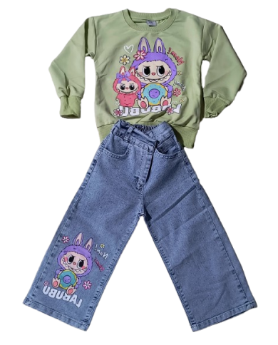 Compleu fete LA BUBU cu blugi evazati, verde, 3-10 ani