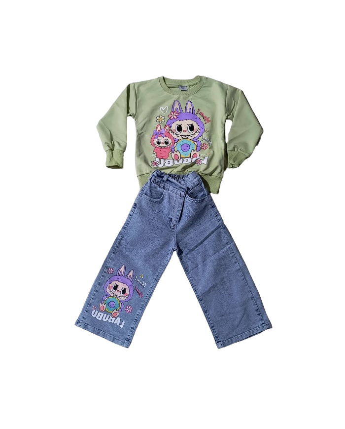Compleu fete LA BUBU cu blugi evazati, verde, 3-10 ani