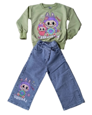 Compleu fete LA BUBU cu blugi evazati, verde, 3-10 ani