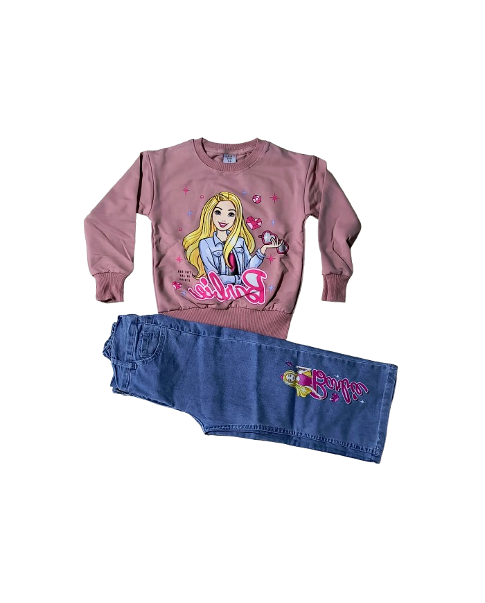 Compleu fete BARBIE cu blugi evazati, roz, 3-10 ani
